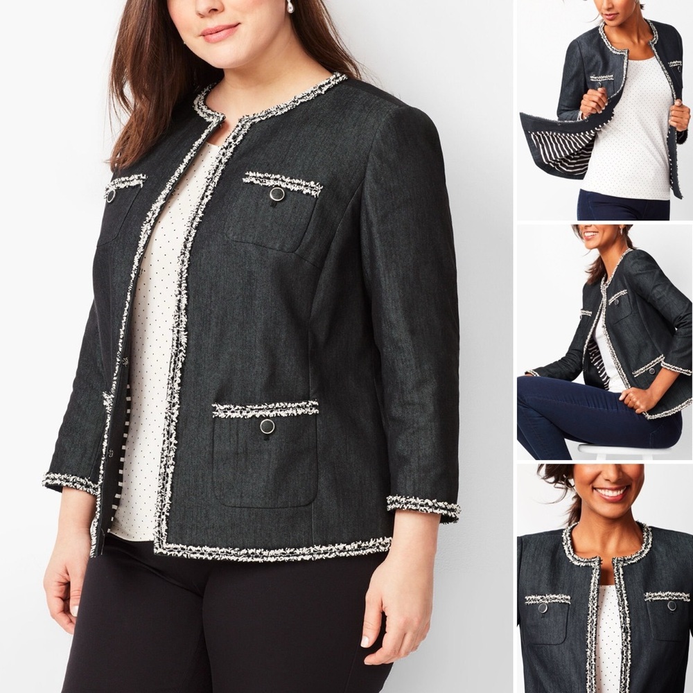 Talbots Tweed Fringe Trims Jacket in Dark Washed Denim 4 Patch Pockets Lined